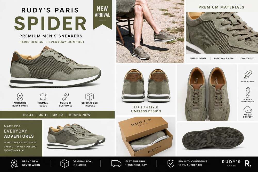 RUDY’S PARIS Spider Men’s Sneakers EU 44 US 10.5 Khaki Suede New Box Luxury